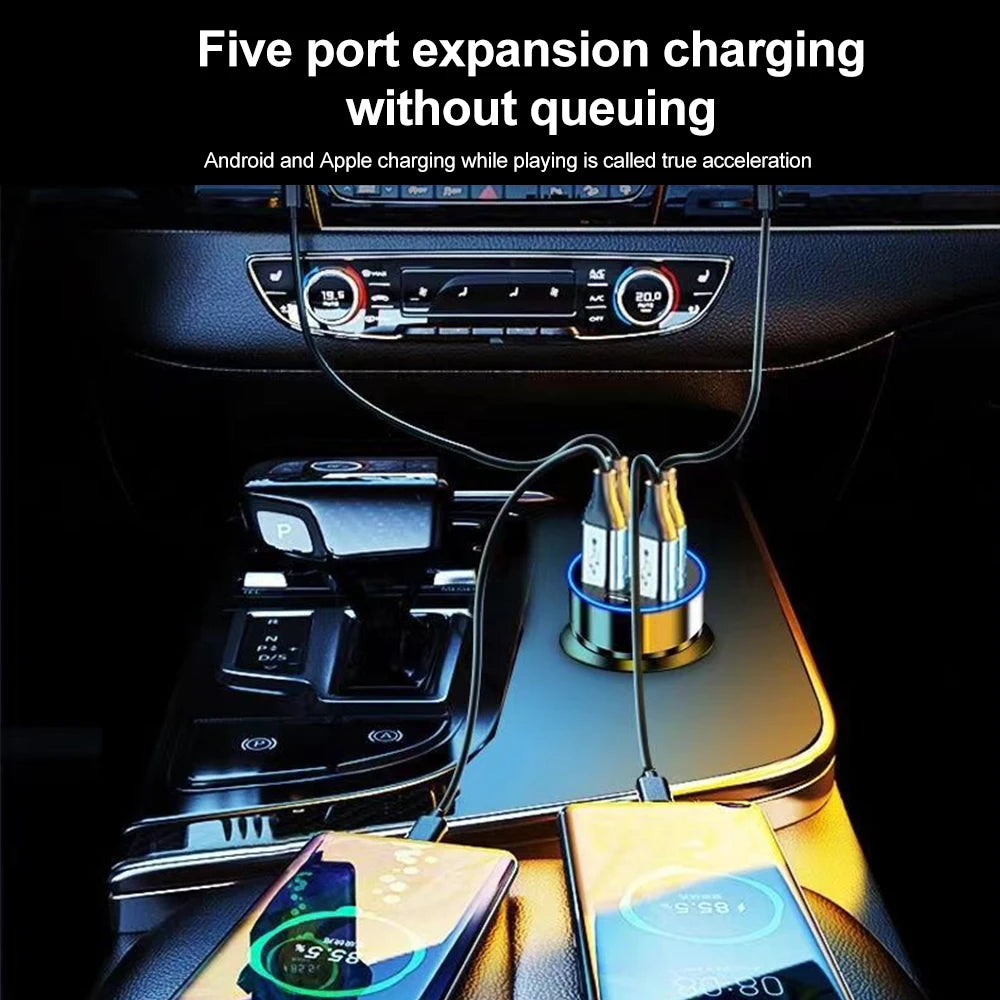 250W PD Car Charger QC3.0 Fast Charge 6-in-1 Car Cigarette Lighter Plug 6 Port Car Charger Flash Charge with Digital Display ﻿