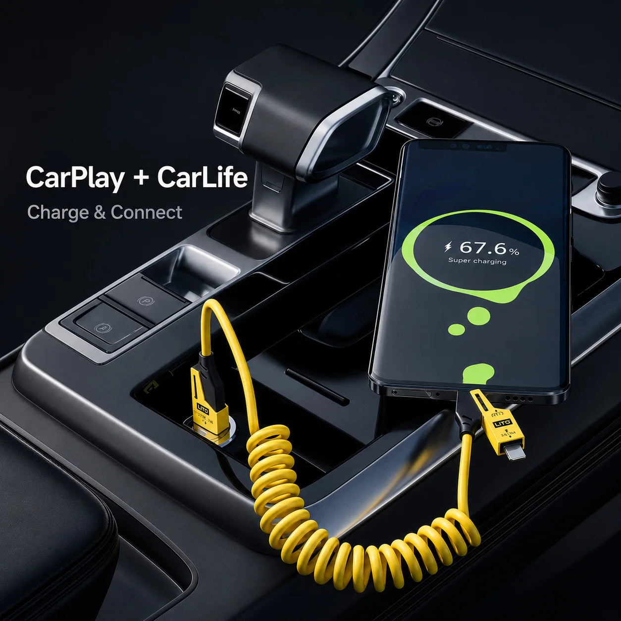 65W 4 in 1 Coiled USB C Car Fast Charging Cable, Type C iP Data Cable, Zinc Alloy Spring Cable for iPhone Samsung Xiaomi 1.5M