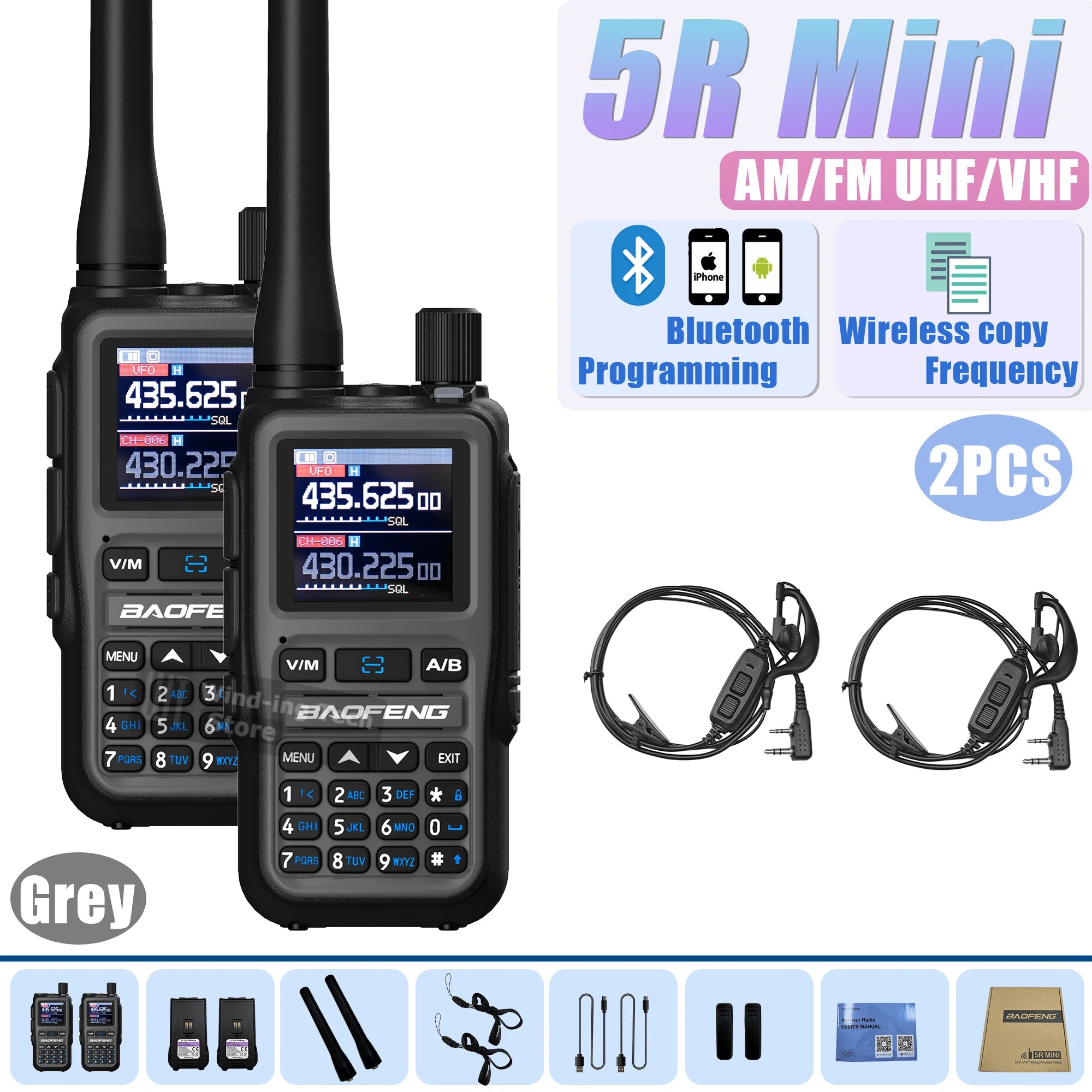 Baofeng UV 5R Mini Walkie Talkie Bluetooth Programming Frequency Hopping Type-C Jack Multiple Colors Dual PTT Camping Ham Radios