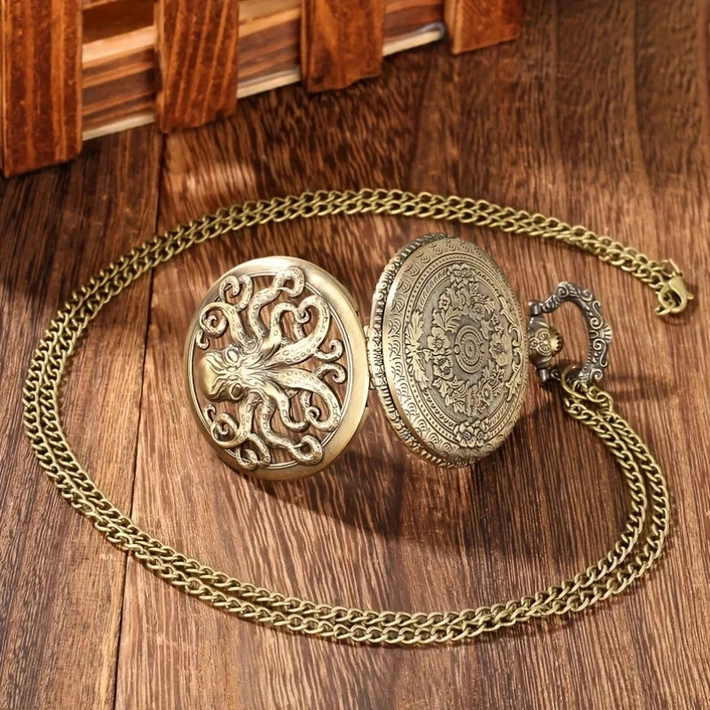 Bronze Octopus Pocket Watch Retro Unique Pattern Quartz Chain Chronograph Gift For Men Boys