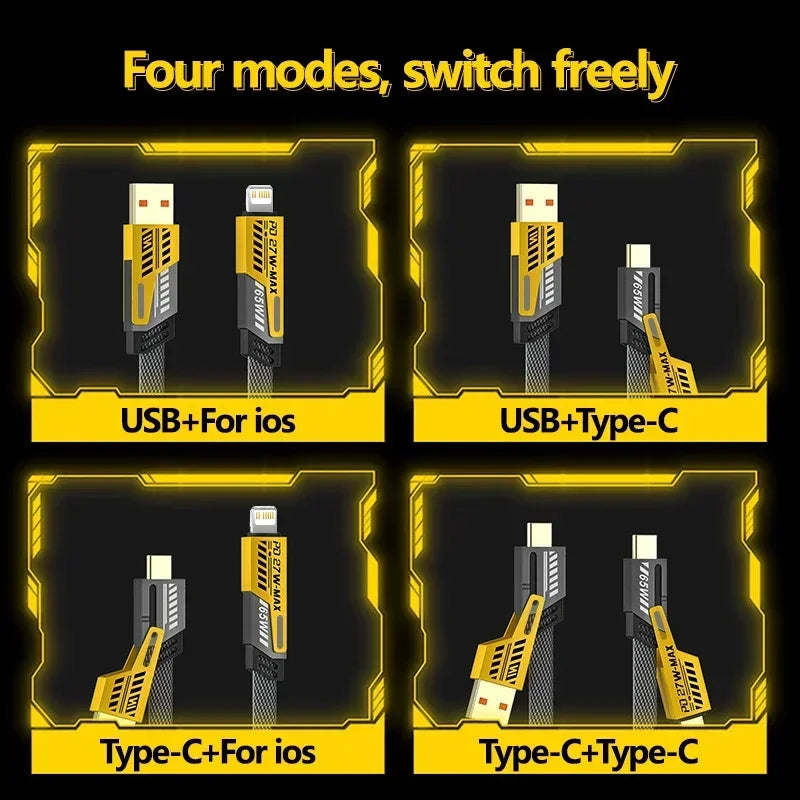4-in-1 Mecha Fast Charging Cable – 65W USB-C Multi-Port for iPhone, Samsung, Xiaomi & Huawei