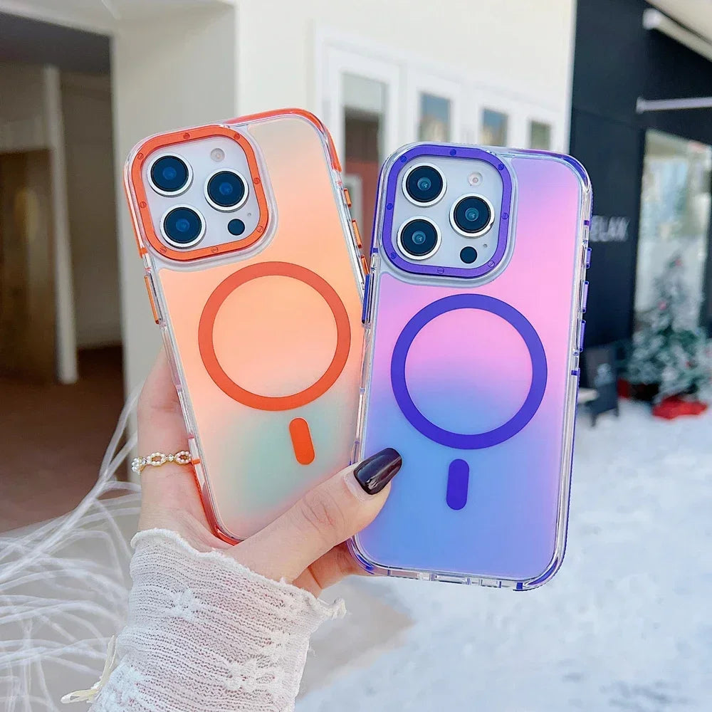 Stylish Metal Lens Magnetic Phone Case for IPhone 17 Pro Max 16 15 14 13 12 11 for MagSafe Wireless Gradual Change Color Cover