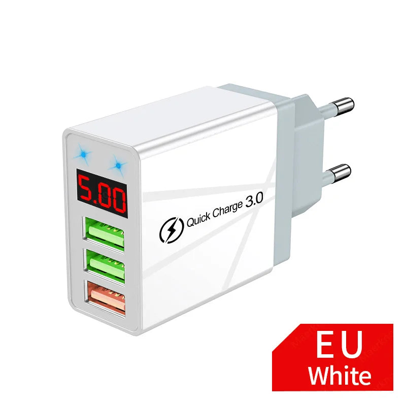 USB Fast Charger 3 Port With LED Display Phone Adapter For iPhone Samsung Xiaomi Huawei Quick Charge 3.0 EU/US Plug Wall Charger