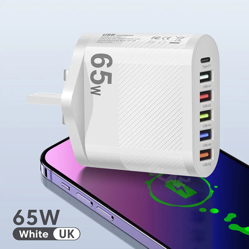 65W USB Charger 6 Ports Fast Charging PD Type C Charger Adpapter For iPhone Xiaomi Huawei Samsung QC 3.0 Fast Charge PD Charger