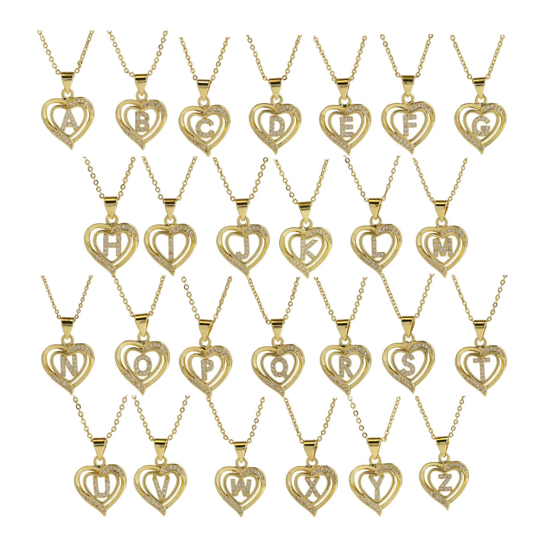 A-Z English Letter Initial Necklace Gold Color Plated Necklace Micro Setting Zircon Heart Necklace for Women