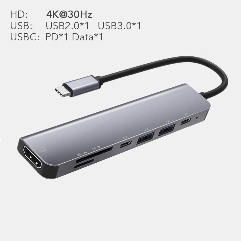 7 in 1 Type C USB 3.1 HDTV 4K 30Hz Video USB 3.0 USB2.0 SD TF Card Slot Reader Data USB-C PD Charging Hub Adapter for Macbook