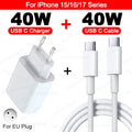 US EU Adapter PD 40W Fast Charger For Apple iPhone 15 13 12 11 14 17 16 Pro Max Type C Charger Charging Cable Phone Accessories