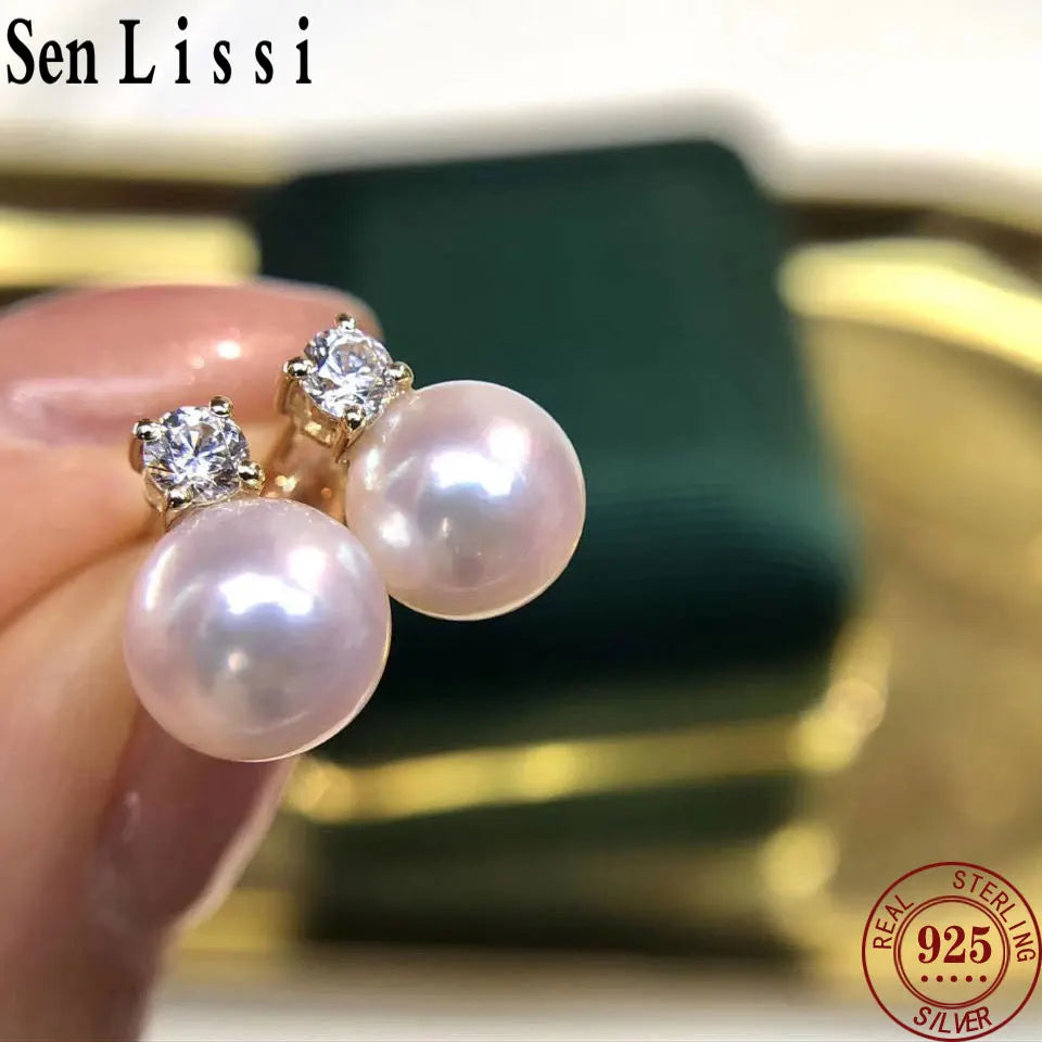 Senlissi-New Fashion 6A Lofty 8-12mm Freshwater Pearl Stud 18k Earrings for Women S925 Sterling Silver Jewelry Girlfriend Gifts
