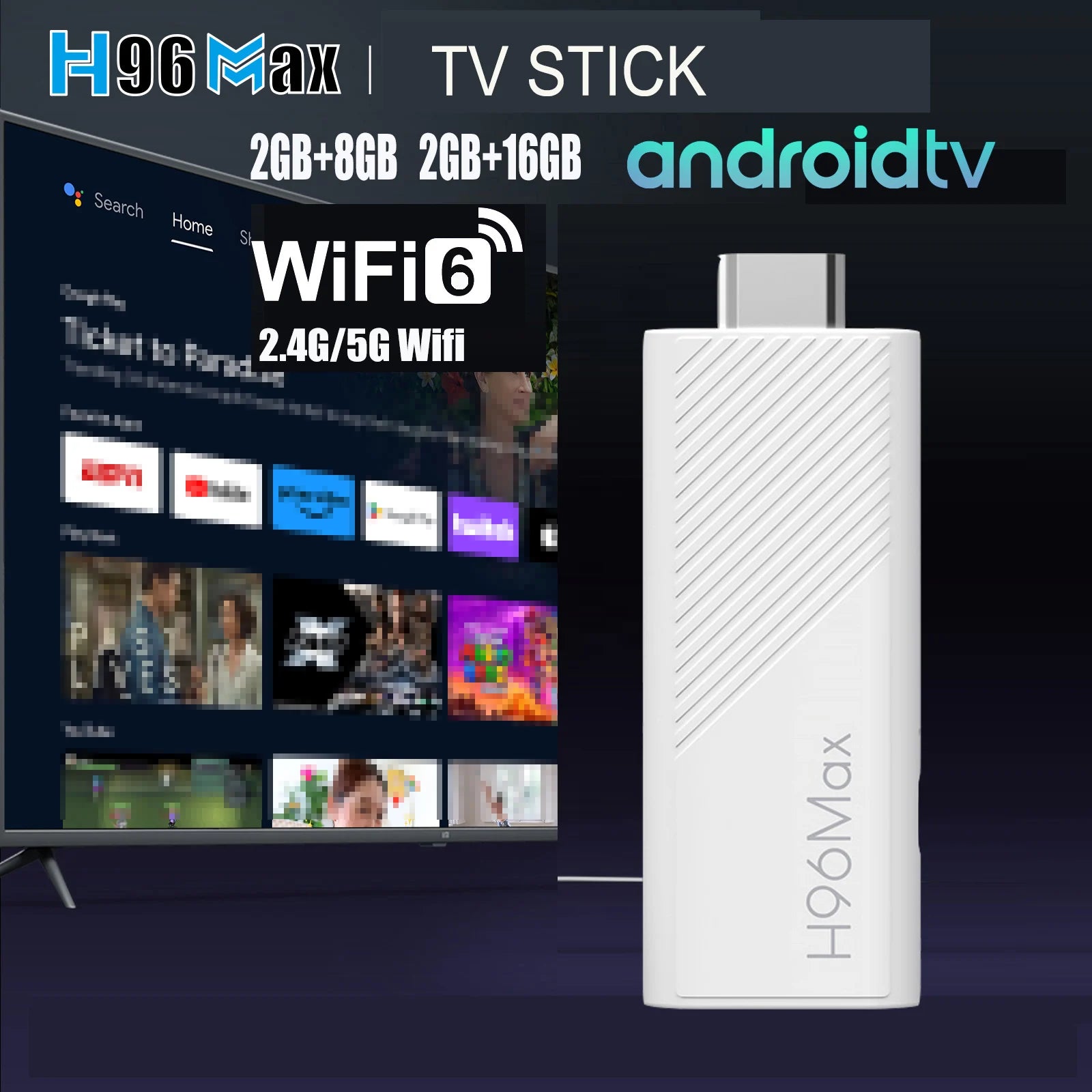 H96 Max Android TV Stick Allwinner H313 Quad Core 4K Wifi6 BT Voice Assistant Remote Control