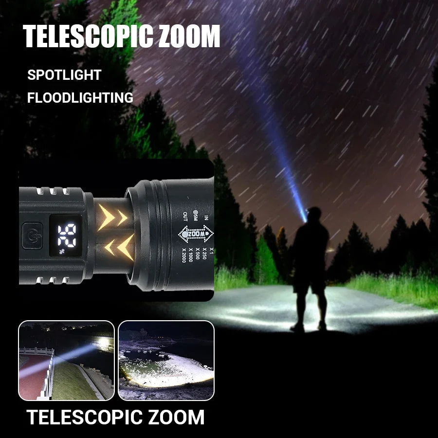 High Strong Power Led Flashlights 2000LM Tactical Torch with Display Light USB Charging Camping Fishing Emergency Zoom Lantern