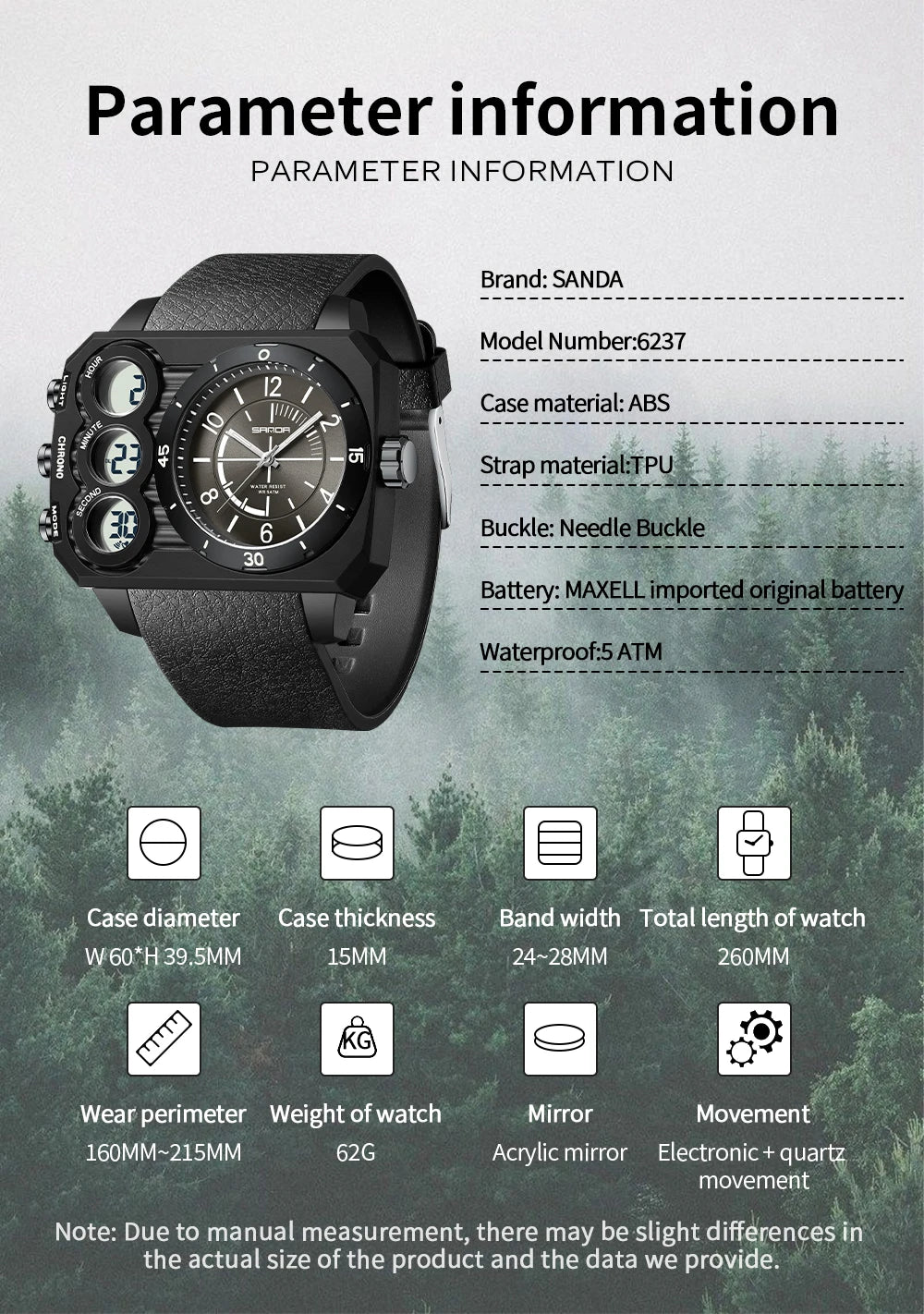 SANDA Fashion Men's Dual Display Electronic Watch Sports Multifunctional Waterproof Night Light LED Men's Electronic Watch 6237