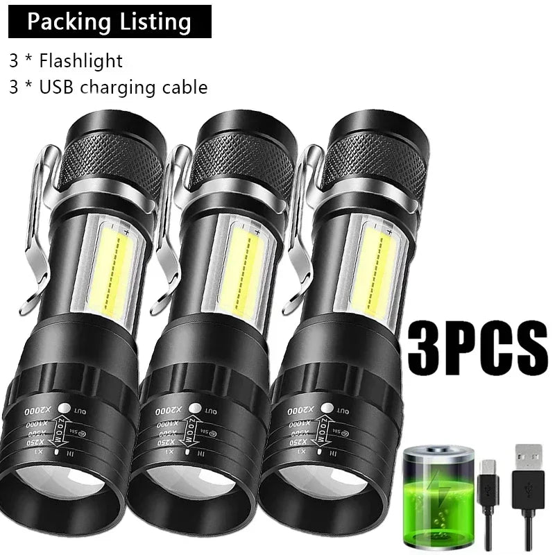 Portable Rechargeable LED Flashlight with Pen Clip Zoomable Waterproof Torch with Side Light Outdoor Camping Emergency Lantern
