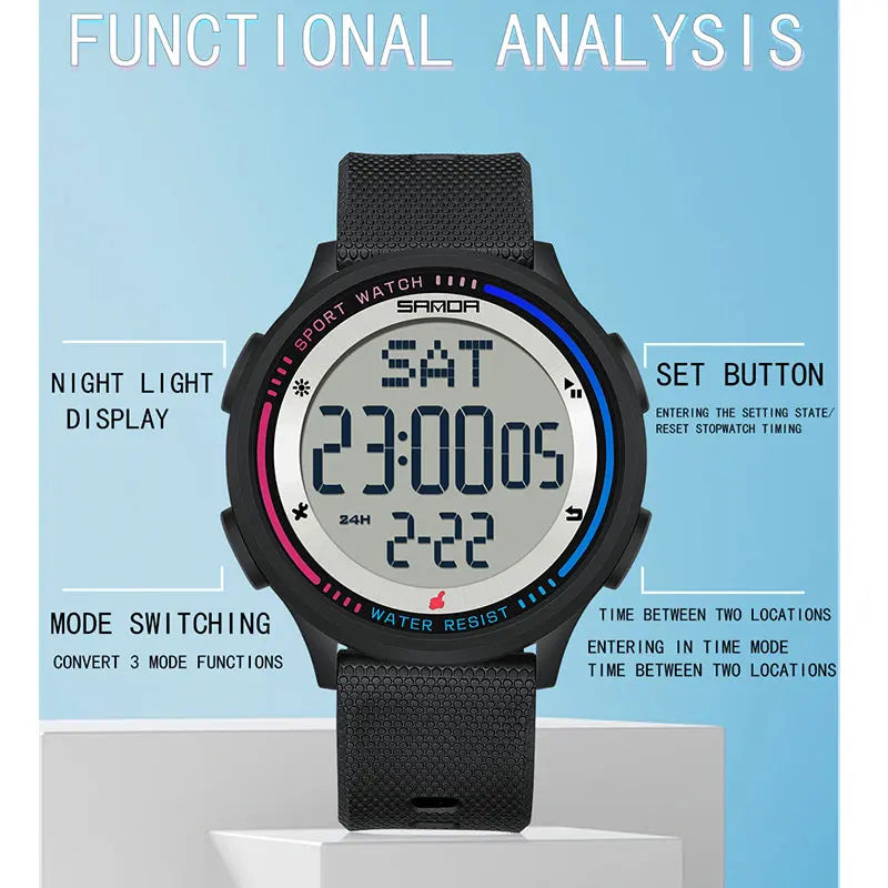 SANDA Men's Watch Multiple Functions Outdoor Sports Stopwatch Waterproof Digital Movement LED Men Wrist Electronic Alarm Watches