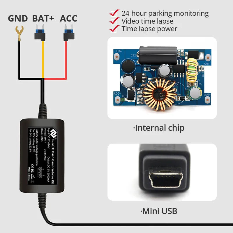 E-ACE 3.5 Meters Buck Line Mini USB Type-C Car Charger Wire Kit For Dash Cam Reaview Mirror 24H Parking Monitoring