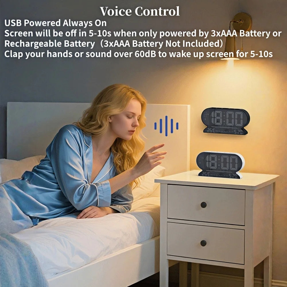 USB Powered Digital Alarm Clock TEMP Date Week 2 Alarm Night Mode Snooze Table Clock 3 Levels Brightness 12/24H LED Wall Clock