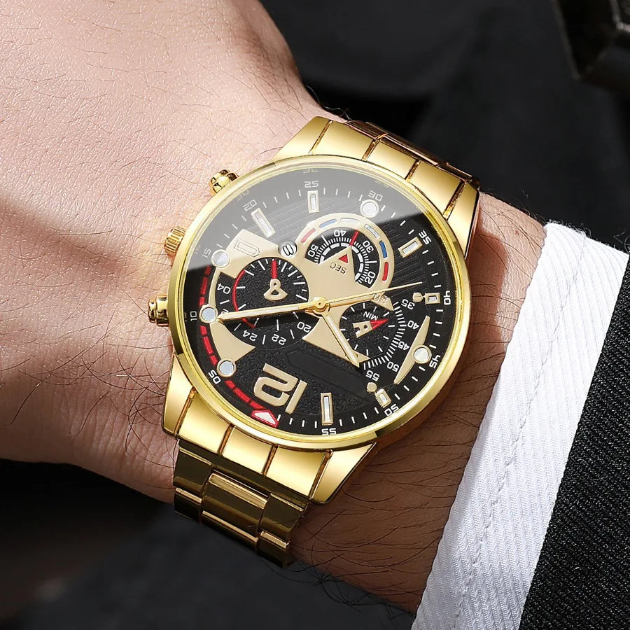 3PCS Fashion Men Business Watches Bracelet Necklace Set Luxury Steel Band Male's Analog Quartz Watch Reloj Hombre（Without Box）