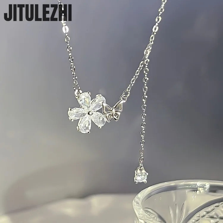 Trendy 925 Sterling Silver Pendant Necklace For Women Butterfly Flower Shape Pendant Sparkling Zircon Party Silver Fine Jewelry