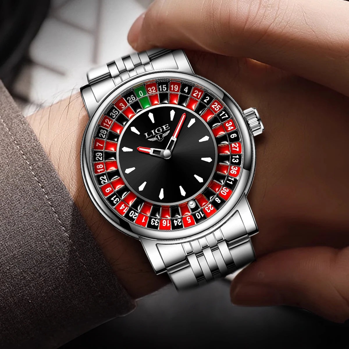 LIGE Fashion Men Watch Rotating Dial Las Vegas Roulette Desktop Theme Watch Men Waterproof Luminous Clock Watches Creative Clock
