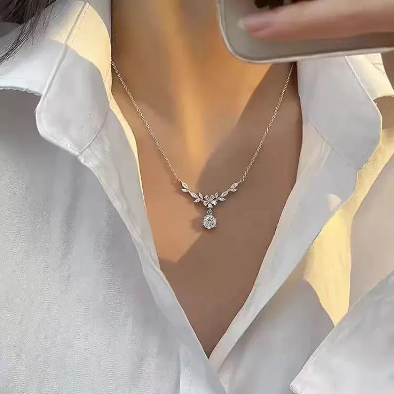 Luxury 925 Sterling Silver Necklace Pendant Leaves for Women Wedding Engagement Jewelry Fashion 5A Zircon Classics Gift Party