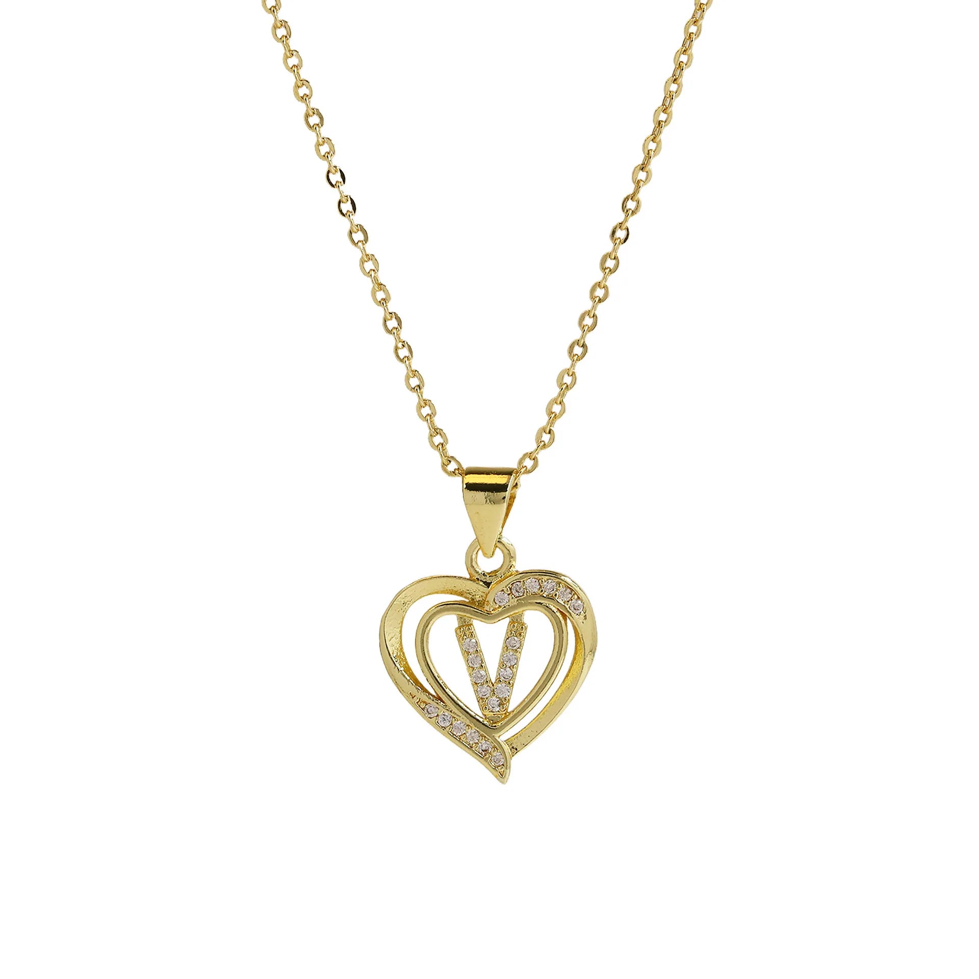 A-Z English Letter Initial Necklace Gold Color Plated Necklace Micro Setting Zircon Heart Necklace for Women