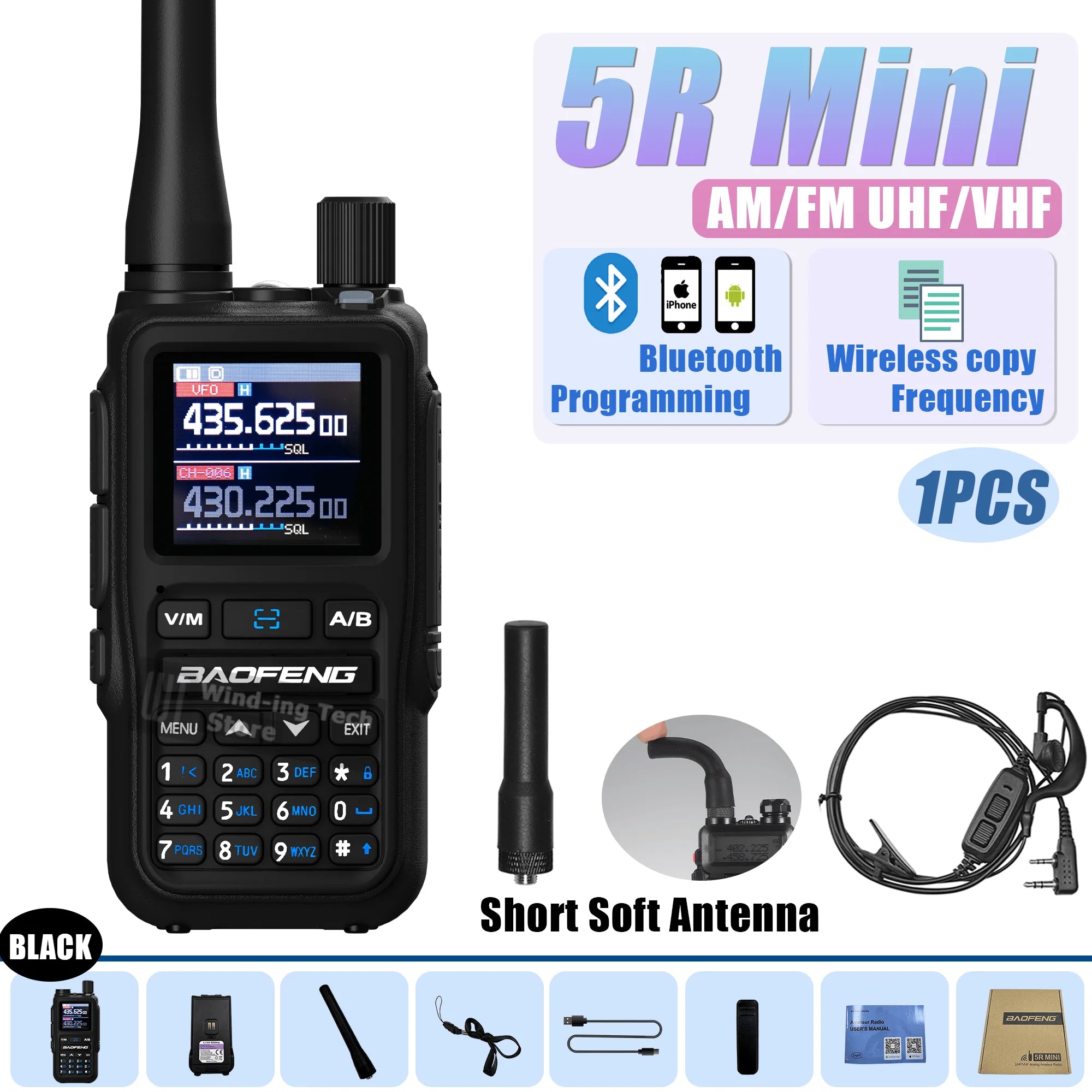 Baofeng UV 5R Mini Walkie Talkie Bluetooth Programming Frequency Hopping Type-C Jack Multiple Colors Dual PTT Camping Ham Radios