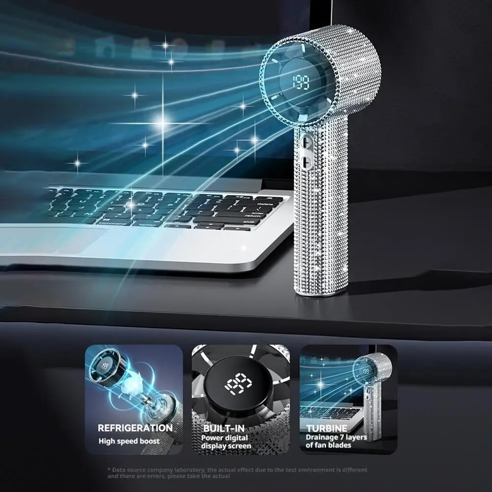 199 Speeds Strong Wind Outdoor Portable Handheld Fan Covered With Diamonds Type-C Rechargeable Outdoor Ice Cooling Fans ﻿