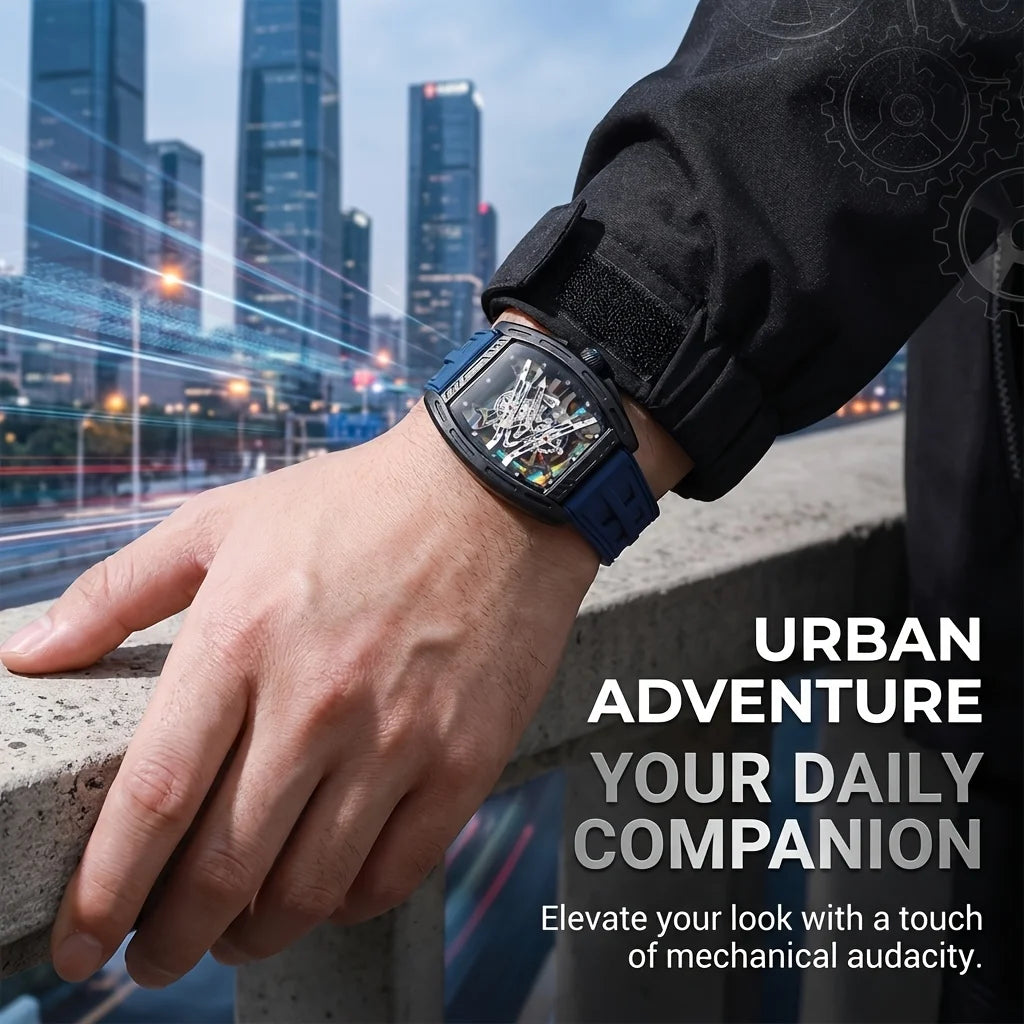 Men's and Women's Youth Barrel-Shaped Hollow Mechanical Quartz Watch, Trendy and Fashionable Colorful Dial, Silicone Strap, Casual Business Quartz Watch