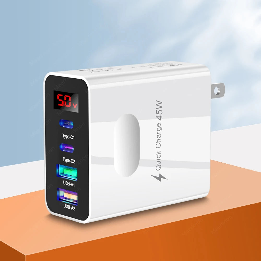 45W USB Charger 4 Ports Type C Fast Charging Digital Display Wall Charger For iPhone Samsung Xiaomi Huawei Phone Charger Adapter