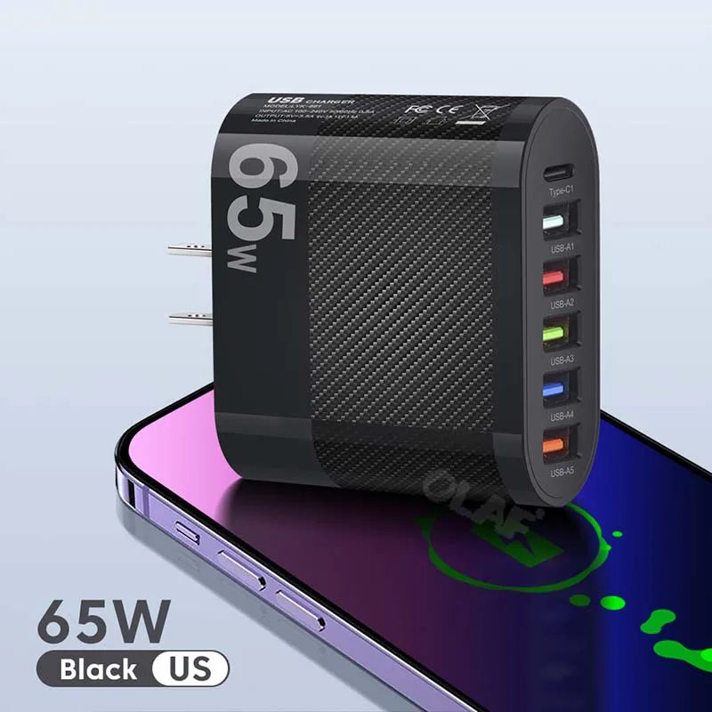 65W USB Charger 6 Ports Fast Charging PD Type C Charger Adpapter For iPhone Xiaomi Huawei Samsung QC 3.0 Fast Charge PD Charger
