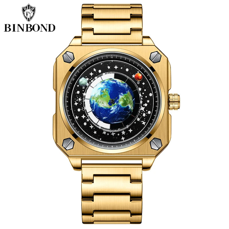BINBOND Earth Watch For Men Rotating Earth Dial New Concept Creative Blue Planet Non Mechanical Pointer Silicone Tape Men Watch