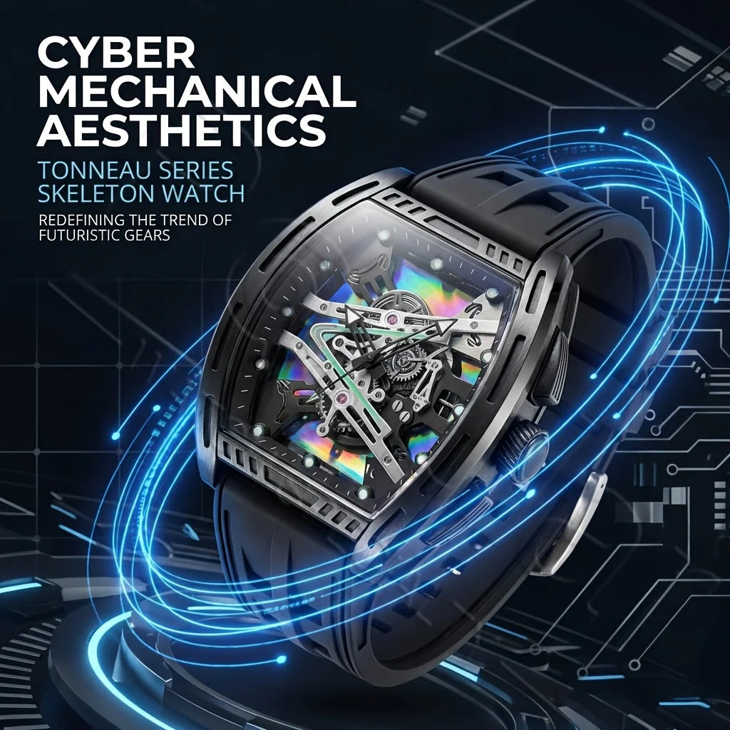 Men's and Women's Youth Barrel-Shaped Hollow Mechanical Quartz Watch, Trendy and Fashionable Colorful Dial, Silicone Strap, Casual Business Quartz Watch