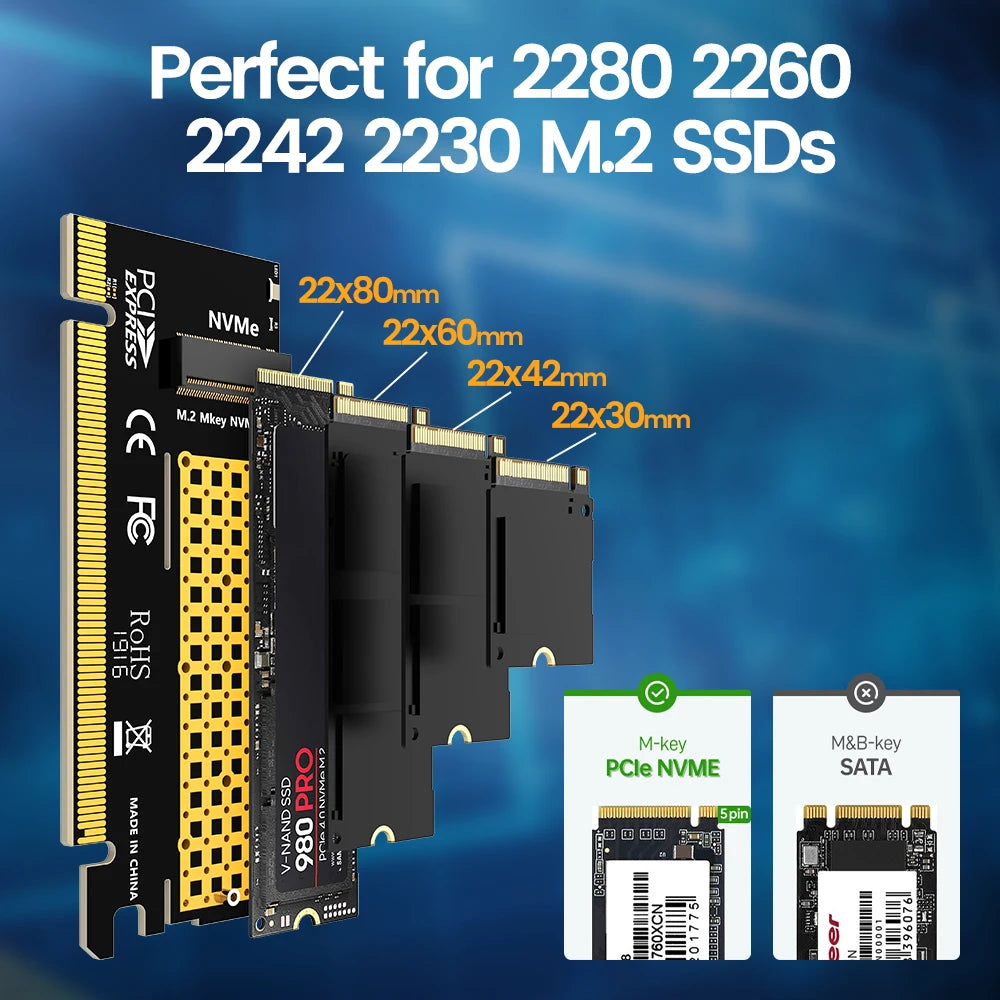 JEYI M.2 NVME to PCIe 4.0 X16 Adapter, M.2 NVMe SSD to PCI-e 4.0 Expansion Card, Supports 2280/60/42/30 Solid State Drives