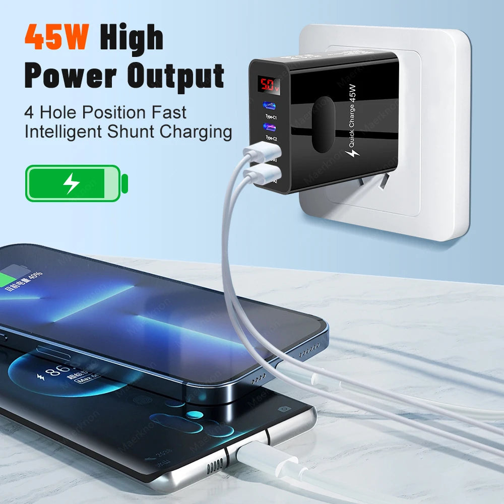 45W USB Charger 4 Ports Type C Fast Charging Digital Display Wall Charger For iPhone Samsung Xiaomi Huawei Phone Charger Adapter