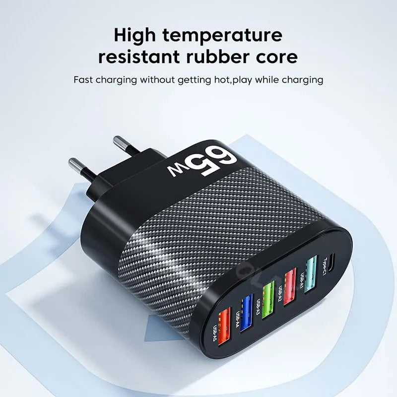 65W USB Charger 6 Ports Fast Charging PD Type C Charger Adpapter For iPhone Xiaomi Huawei Samsung QC 3.0 Fast Charge PD Charger