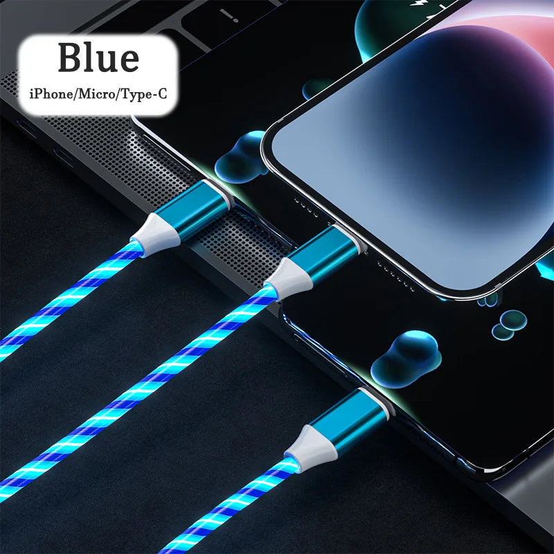 3 in 1 LED Light Glowing Charging Cable 3A Micro USB C Type C Flowing Streamer Type-C Cable for iPhone Xiaomi Huawei