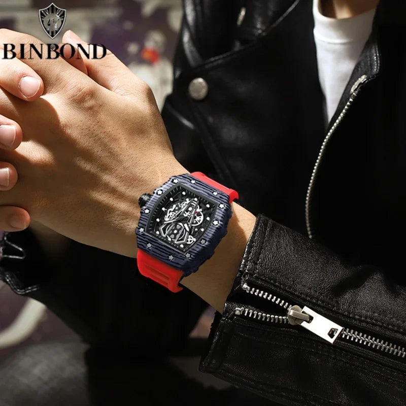 BINBOND Brand Men Watch Domineering Barrel Watch Curved Mirror Hollow Surface Sports Men Watch Silicone Quartz Wristwatch B8577