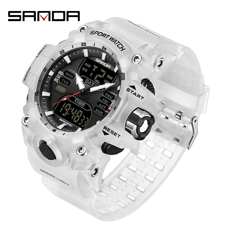 SANDA Dual Display Men Watches Waterproof Sports Watch Military Man Alarm Stopwatch Quartz Wristwatch Male LED Digital Clock6126