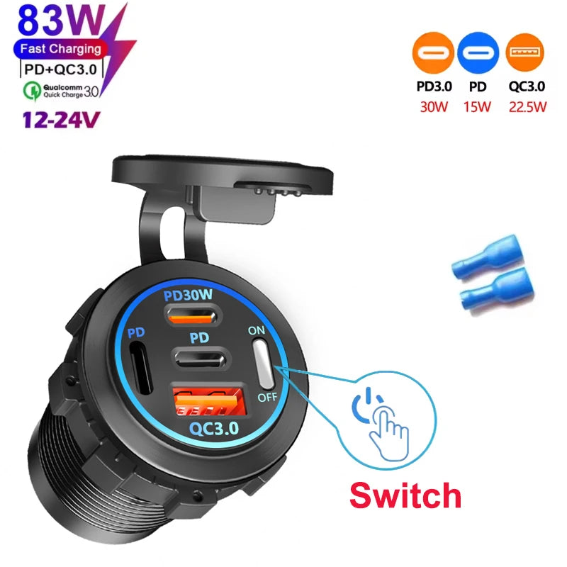 NEW 4 Ports Dual PD Dual QC 3.0 USB Car Charger with Voltmeter Socket Power Outlet Adapter Waterproof for 12V/24V Car Boat