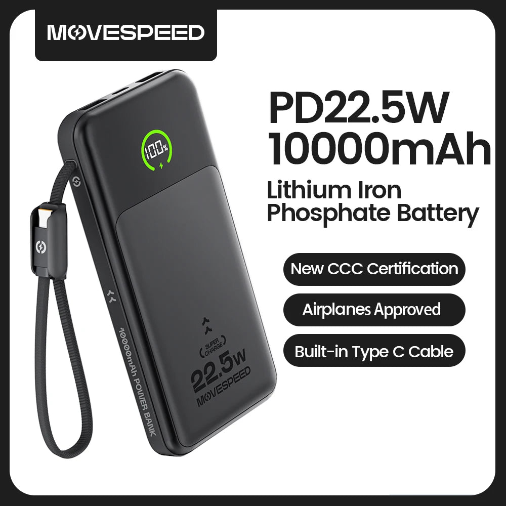 【CCC】MOVESPEED P19 Power Bank 10000mAh Built-in USB C Cable Powerbank LFP Battery External Charger for iPhone Xiaomi Samsung
