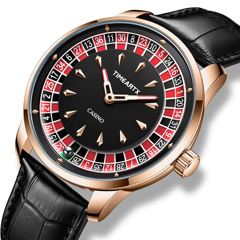 TIMEARTX Men's Trendy Watch European Roulette Poker Game Style Quartz Movement Genuine Leather Luxury Watch