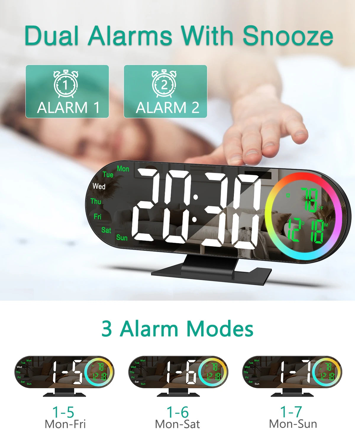 ORIA LED Mirror Clock 8.5" Alarm Clock with 16 Color RGB Light USB Powered Table Clock Temp Week Display For Home Bedroom Office