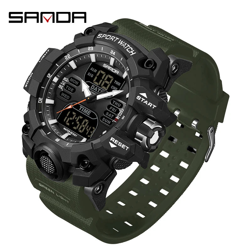SANDA Dual Display Men Watches Waterproof Sports Watch Military Man Alarm Stopwatch Quartz Wristwatch Male LED Digital Clock6126