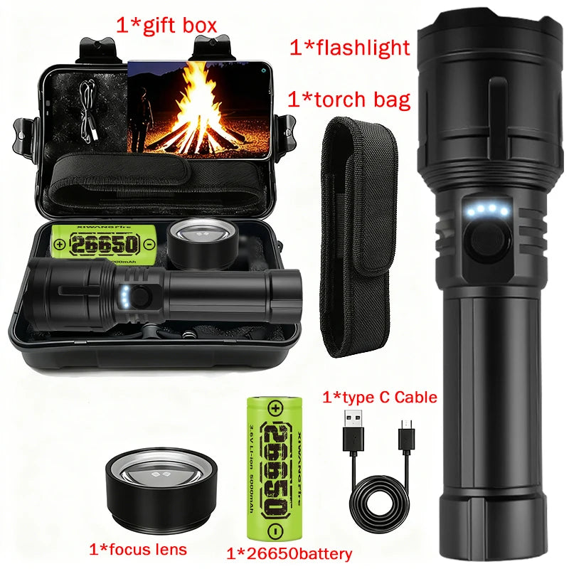 Flashlight Lighter & Power Bank Combo,Rechargeable,Zoomable Super Bright Beam,5 Modes Flashlight for Outdoor Camping Emergency