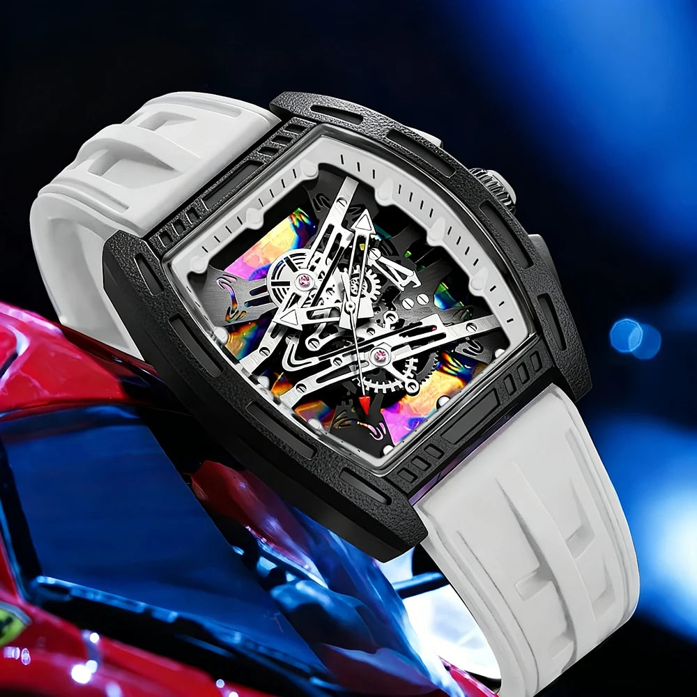 Men's and Women's Youth Barrel-Shaped Hollow Mechanical Quartz Watch, Trendy and Fashionable Colorful Dial, Silicone Strap, Casual Business Quartz Watch