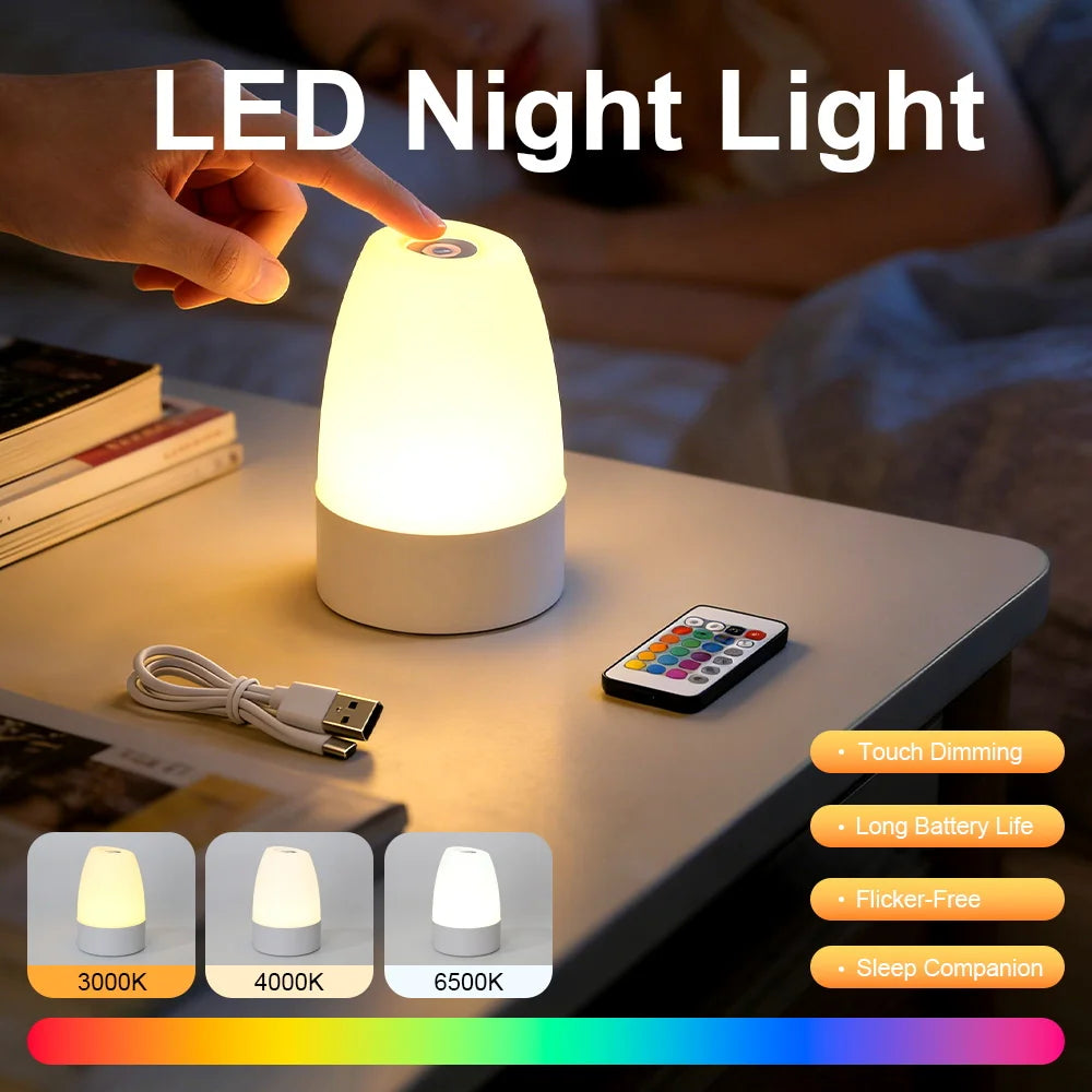 2026 New USB Rechargeable LED Night Light Touch Dimmable RGB 3-Color Eye-Caring Desk Lamp Bedroom Bedside Baby Room Best Seller