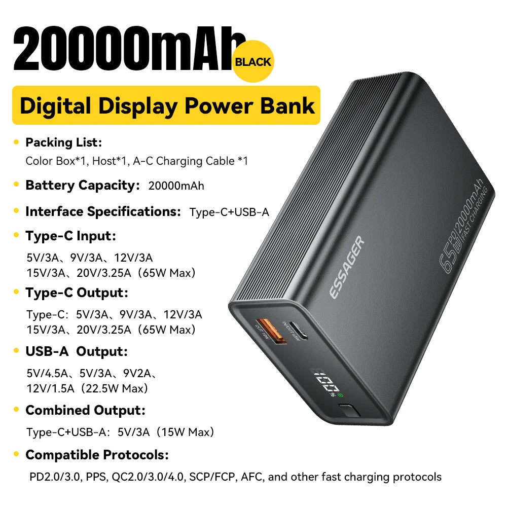 Essager Power Bank 20000mAh Portable PD 65W Fast Charging  Mobile Phone External Battery Powerbank For iPhone17 16 15 Laptop Mac