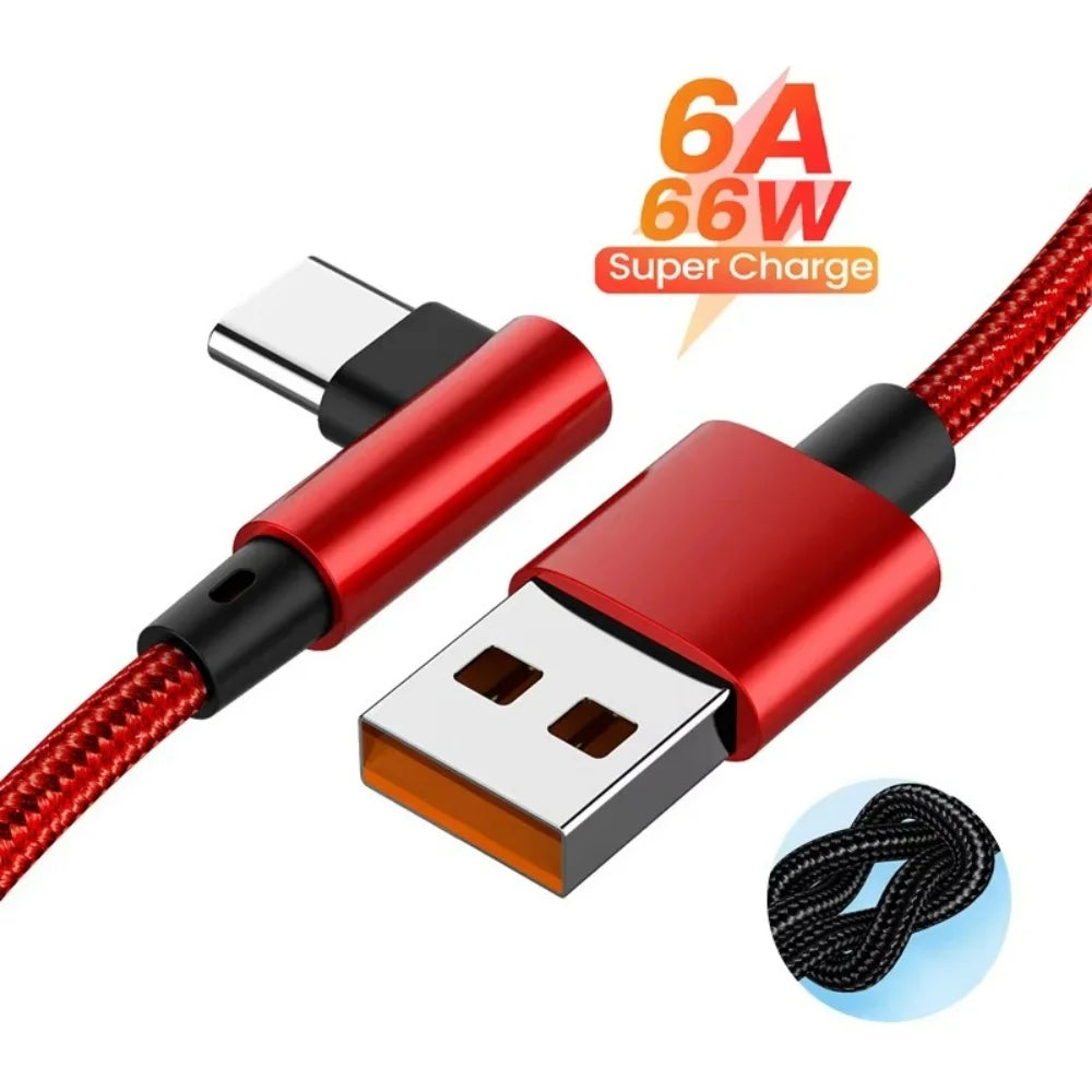66W 6A USB C 90° Right Angle Cable For Xiaomi Fast Charging Cord for Honor Huawei OnePlus Realme Angled Data Wire Nylon