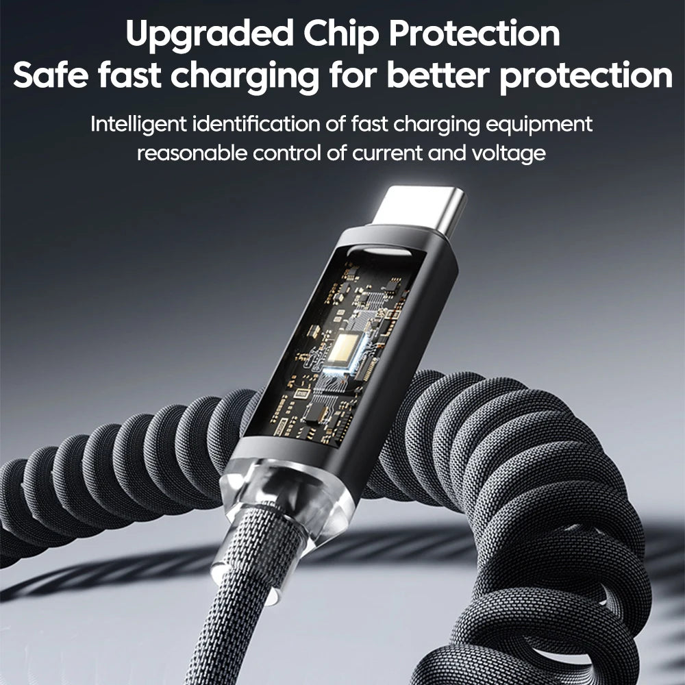 120W Car Retractable Cable Digital Display Spring USB A Type C To Type C Cable For Samsung iPhone 16 Fast Charging Charger Cable