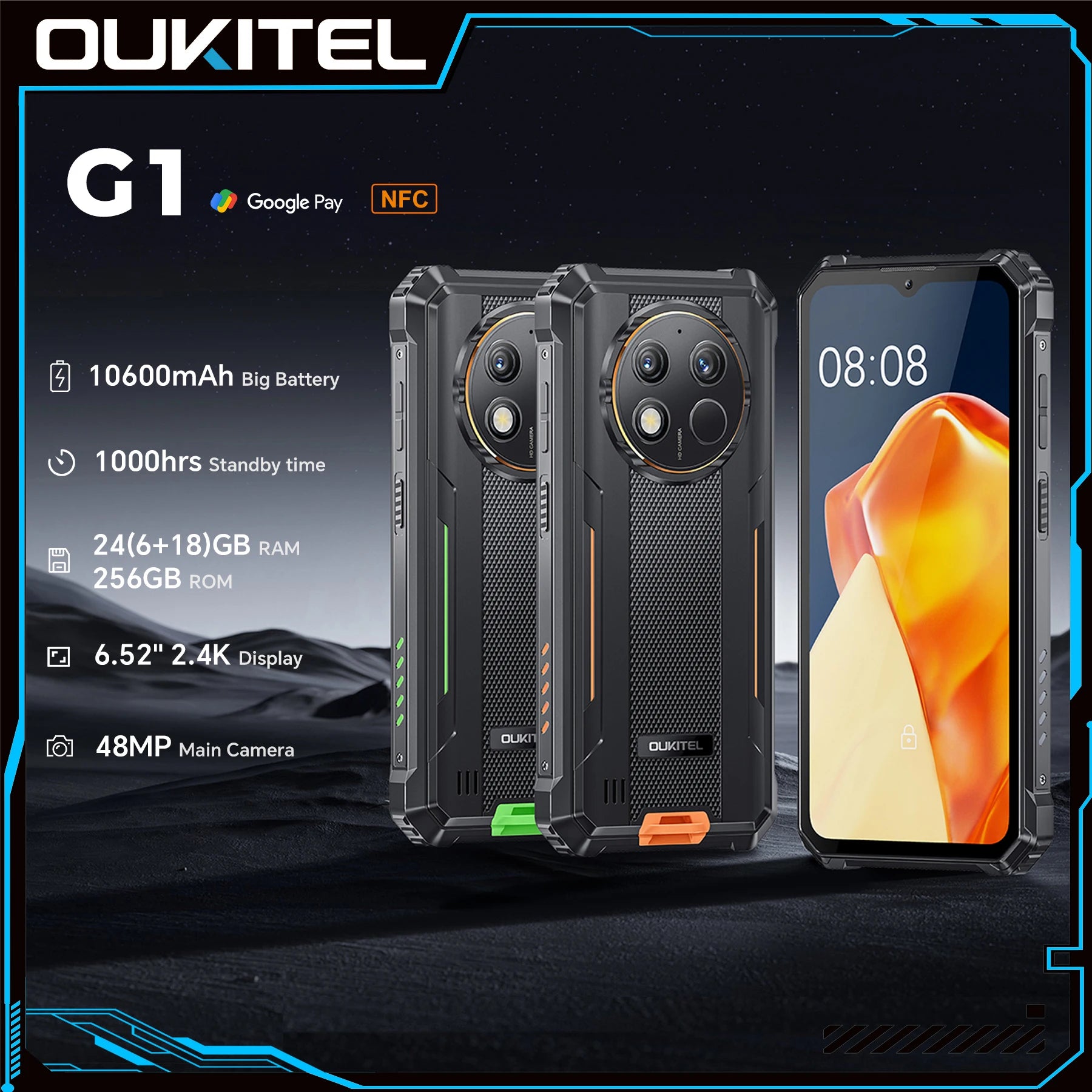 【Brand+】OUKITEL G1 Rugged Phone -24(6+18)GB+256GB, 6.52" Display, IP68 Waterproof, NFC Smartphone, Android 14,48MP Camera