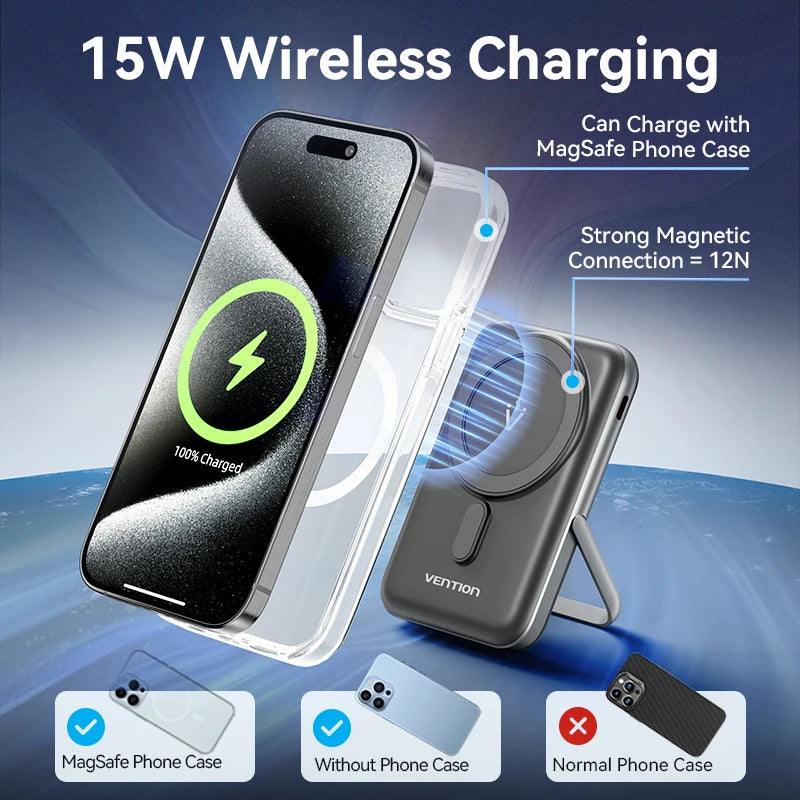 Vention 10000mAh Magnetic Wireless Power Bank Portable PD 20W Fast Charging PowerBank for iPhone 13/14/15/16 Pro Max